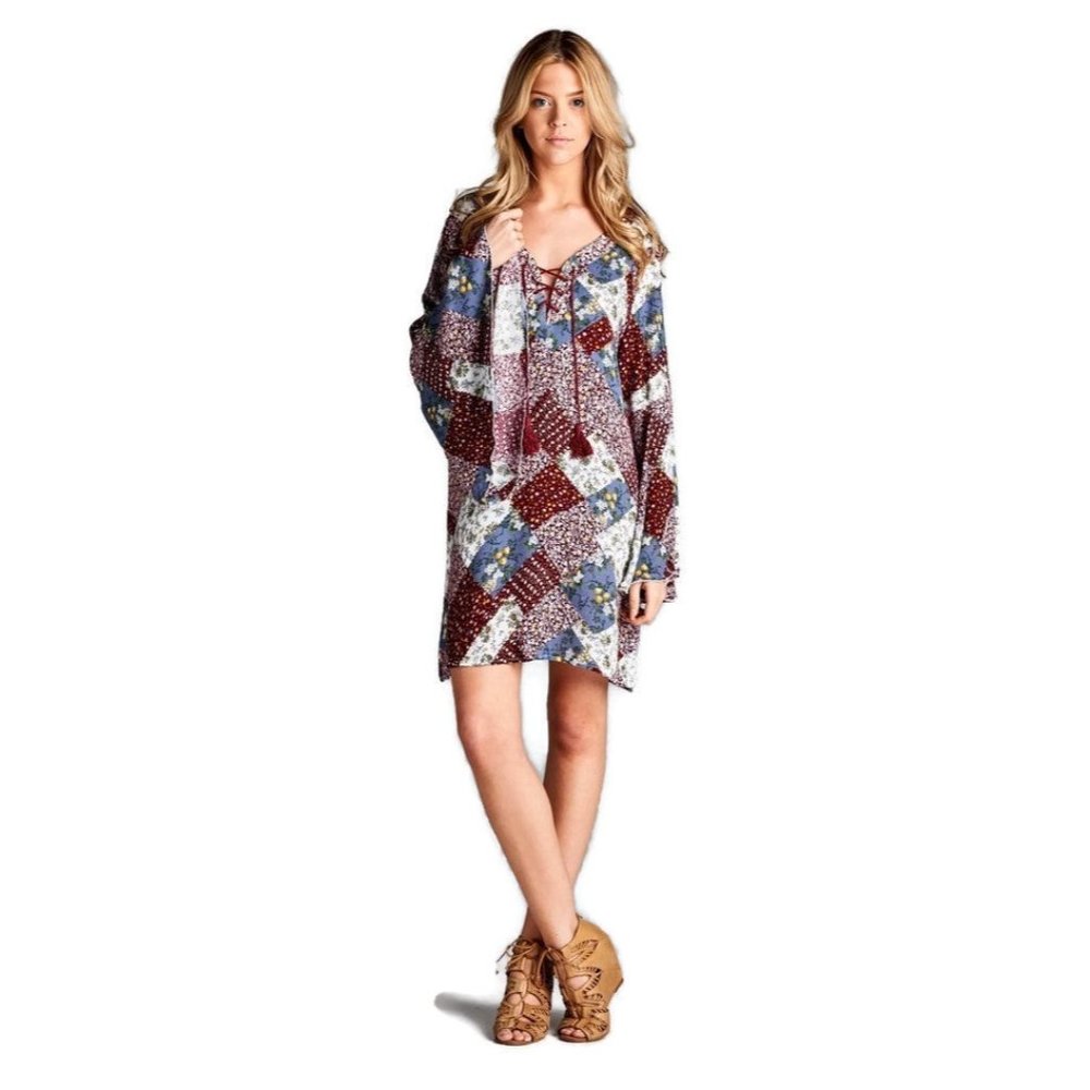 Velzera, Floral Patchwork Print Dress, Red